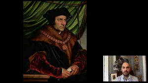 video still of Xavier Salomon and oil painting of man with hat, and distinct necklace
