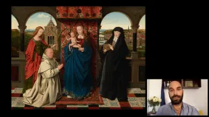 video still of Xavier Salomon and oil painting depicting biblical scene including The Virgin and Child and others 