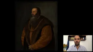 video still of Xavier Salomon and oil painting of man in profile