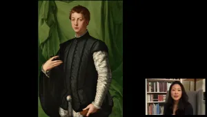 video still of Aimee Ng and oil painting man against green backround