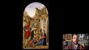 video still of Xavier Salomon and oil painting depicting biblical scene including The Virgin and Child and others 