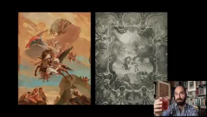 video still of Xavier Salomon and oil paintings