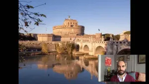 screenshot of Xavier Salomon speaking alongside image of building in Rome