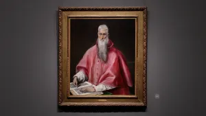 video still of oil painting of main with long white beard in reddish purple robe, with hands on an open book