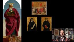 video still of Xavier Salomon and multiple paintings of biblical figures