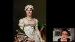 video still of Aimee Ng and oil painting of woman in white dress and flower crown