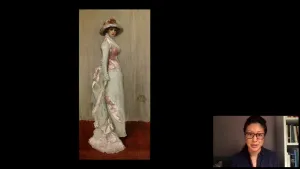 video still of Aimee Ng and oil painting of woman standing in white and pink dress