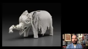 video still of Xavier Salomon and porcelain elephant shaped wine dispenser