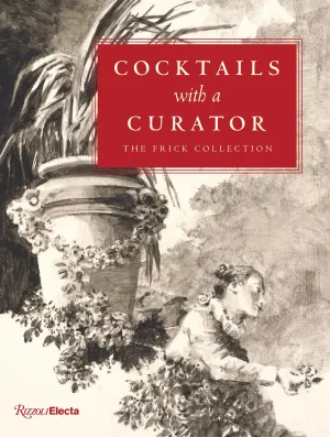 cover of book entitled Cocktails with a Curator, grayscale sketch of man in garden 
