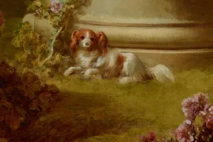 closeup of painting including dog in garden